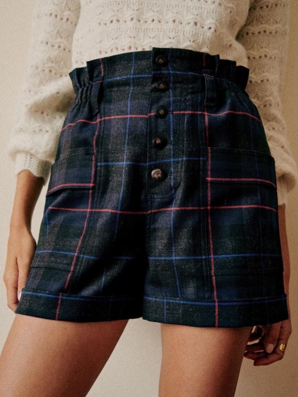 Sezane Ellis Shorts Carreaux Swedish - Size 40/US 8 - Charcoal/Blue/Red Plaid